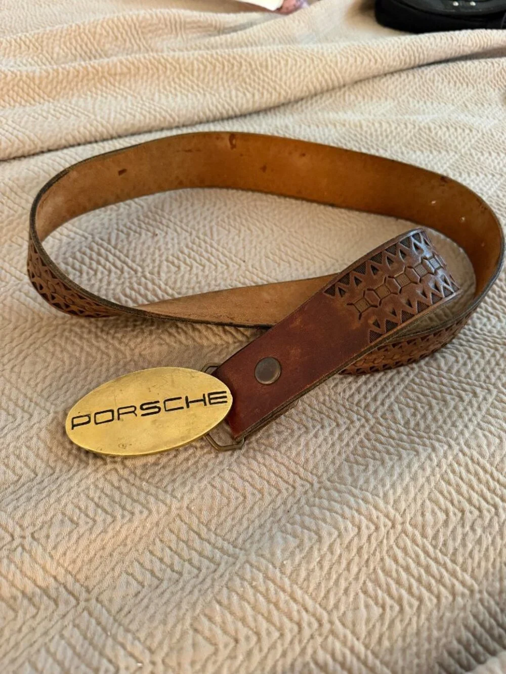 Porsche Mens Belt Brass Buckle Leather Strap Brown Tooled 34-40 inches Vintage